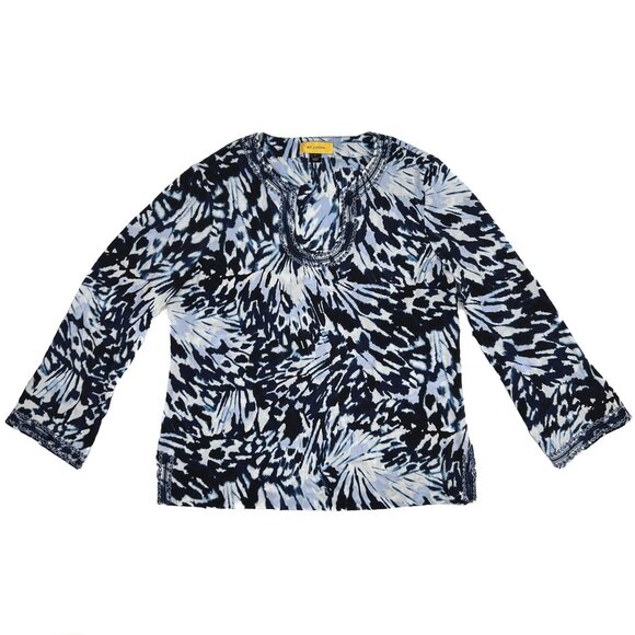 St. John Vintage Silk Split-Neck Blue Crystals Animal Print Blouse Size L - Picture 1 of 9